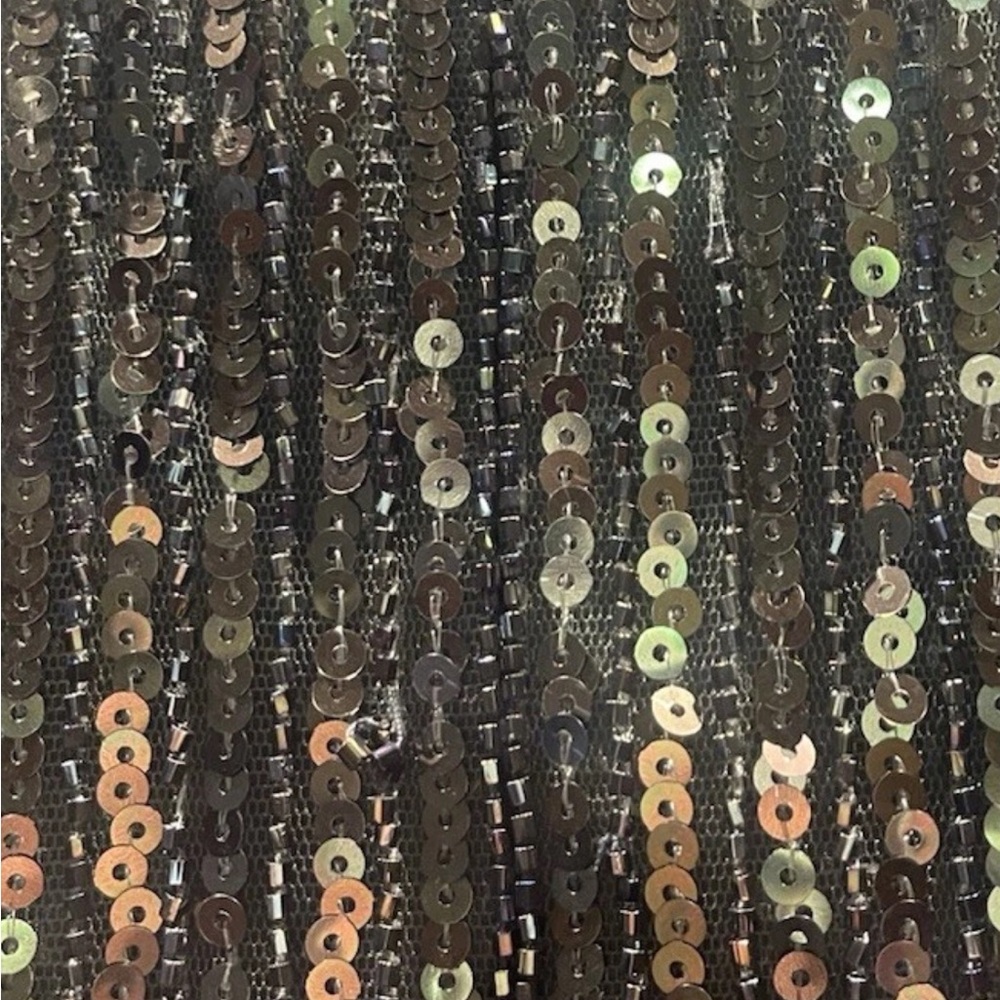 Mac Duggal Sequin & Mesh Metallic Mini Dress 14 L XL Deep V Plunge Long Sleeve - Picture 12 of 13